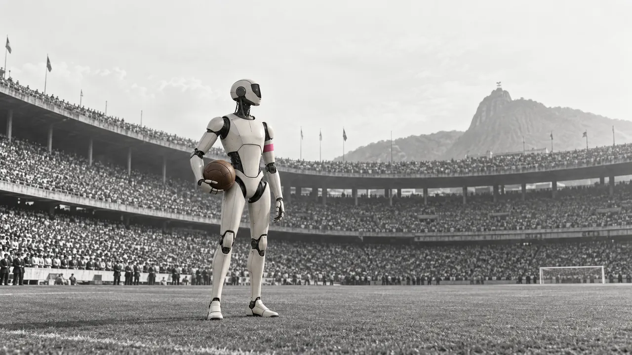 A humanoid robot stands on the pitch of a packed heritage stadium, holding a vintage leather football.
